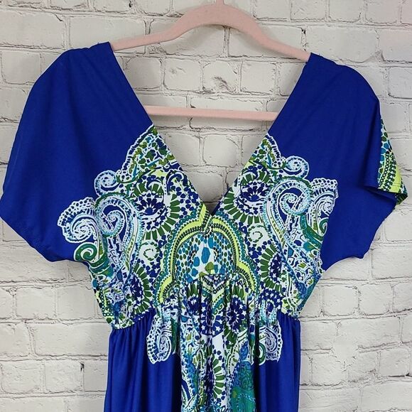 Maurices Vibrant Blue Paisley Print Double V Dolman Sleeve Swim Cover-up Dress - Picture 10 of 12